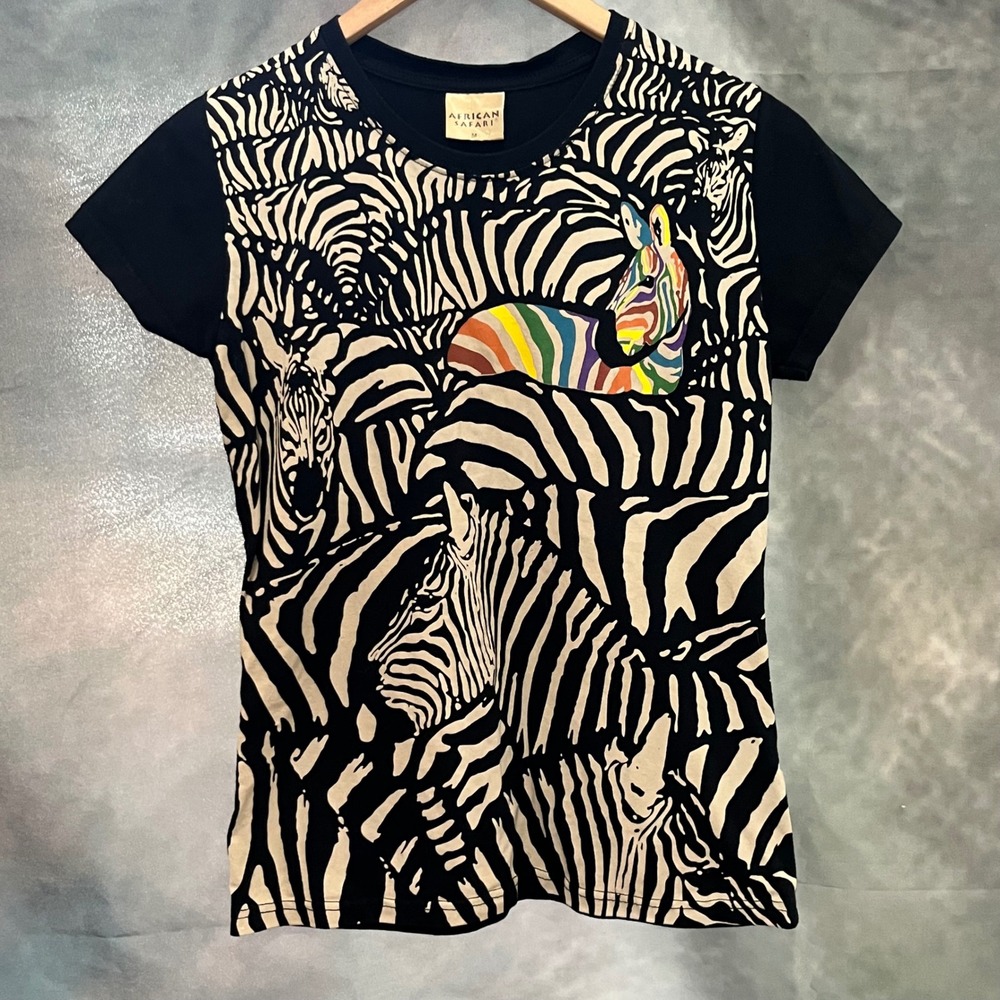 African Safari Womens Zebra Print Rainbow Graphic T-Shirt Black Medium Cotton